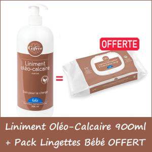 Offre Pack Liniment Oléo-Calcaire Huile Olive 900ml + Lingettes Bébé au Liniment à Huile d'Olive x70 OFFERTE